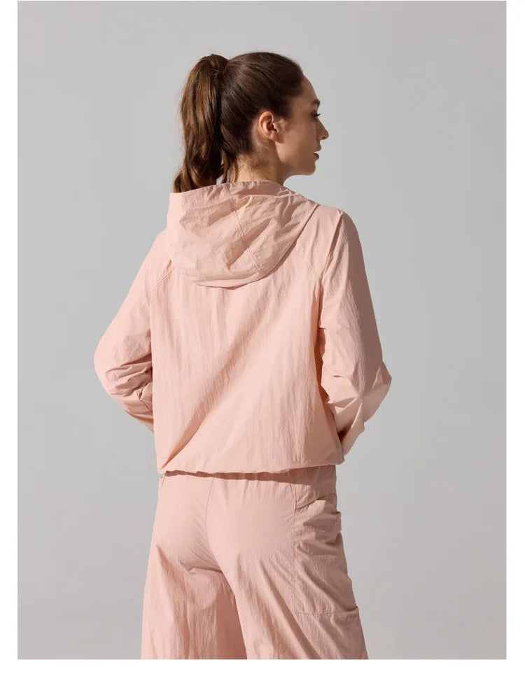 Outdoor Windproof Mountaineering Jacket Women Fashion Lightweight Sun Protection Sports Hooded Top Casual Loose Hiking Yoga Suit