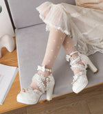Girls Lace Strap Women 9cm High Heels Mary Jane Pumps Party Wedding Dress Princess Lolita Shoes Blue White Ankle Sandals 33-46