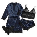 4pcs Women Striped Lingerie Set Lace Trim Robe Camisole Shorts Panties Nightwear Sleepwear Homewear Sexy Pajamas Outfit