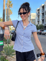 Women's Button Down Shirt Solid Color Short Sleeve Slim Fit Lapel Ruched Tops and Blouses Streetwear 2026 Summer