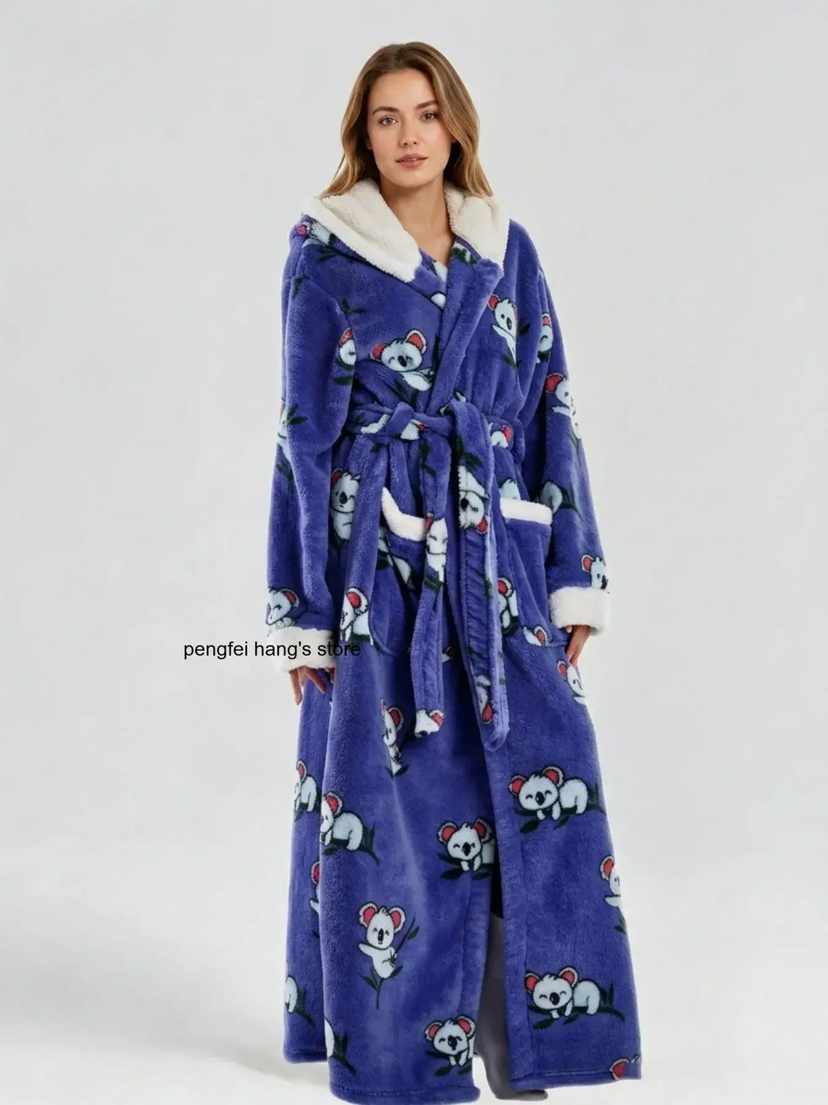 Winter Hooded Flannel Bath RobeCouples Loose Fit Animal Fruit Multi Print Long Loungewear Robe with Belt Double Side Pockets