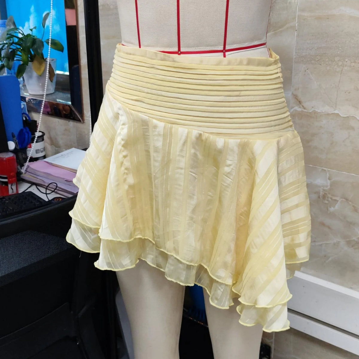 Summer Pleated Mini Skirt for Women Fashion Flared Hem Horizontal Stripe Pattern Lightweight Breathable Versatile A Line Skirt