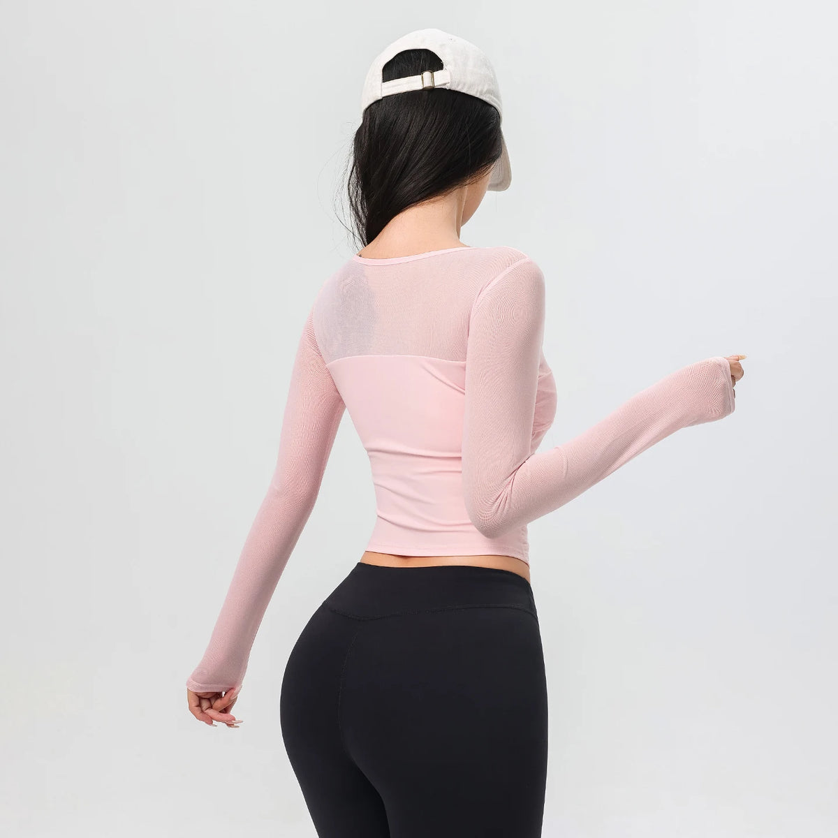 Women Square Neck Mesh Long Sleeve Crop Yoga Top Twisted Front Ruched Slim Breathable Workout Sports Shirt