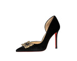 Women 10cm Super High Heels Pointed Toe Side Hollow Work Pumps Metal Crystal Buckle Velvet Stiletto Fashion Banquet Lady Shoes