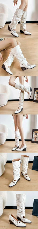 Vintage Y2k Slouchy Knee High Western Boots Women Chunky Block Heel Summer Cowboy Knee High Boots Motorcycle Boots Shoes