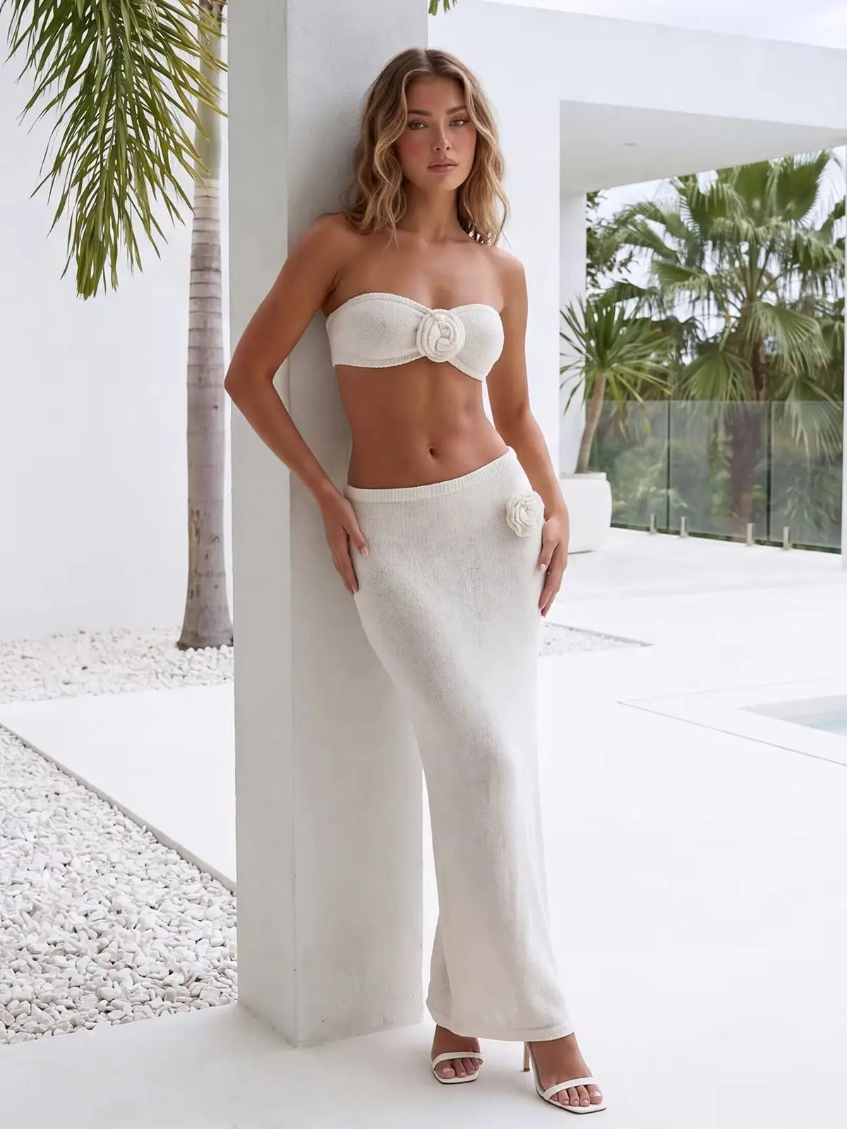 Women’s Two Piece Knit Summer Outfits Strapless 3D Flower Tube Tops and Long Skirt Set Beachwear Sexy Club Holiday Clothes