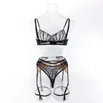 Toucheart4PCS Lace Golden Embroidery Sexy Underwear Set Slim Exposed Navel See-through Hollow Out Interesting Steelring Bralette