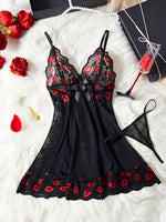 Hot Red Lips Lace Contrasting Sexy Babydoll Dress Mesh Slimming Erotic Lingerie With Thongs Sex Night Costumes