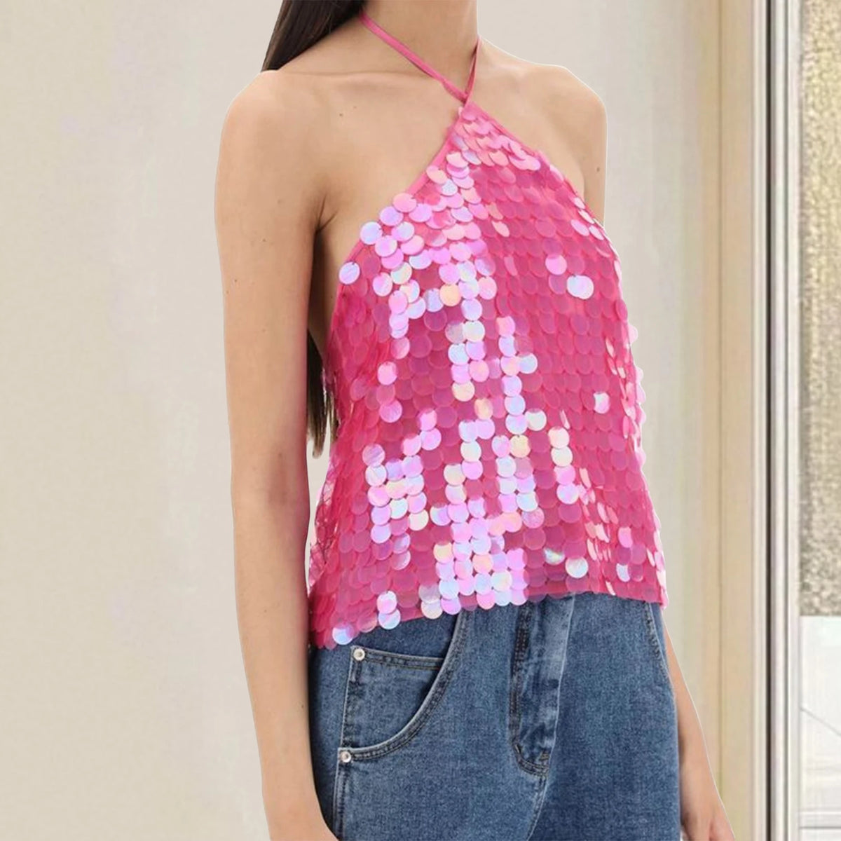 Women Solid Color Camis Tops Sequins Tie-Up Halter Neck Casual Summer Sleeveless Loose Fit Camisole Streetwear