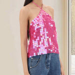 Women Solid Color Camis Tops Sequins Tie-Up Halter Neck Casual Summer Sleeveless Loose Fit Camisole Streetwear
