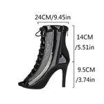 Plus Size Women Patent Leather Mesh Spliced Ankle Boots Back Zipper Peep Toe Lace Up Stiletto High Heels Hollow Out Summer Booti