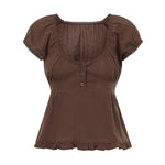 Summer Women Short Sleeve T-shirt Solid Color Low-necked Pleated Hem Casual Tops Y2K Retro Shirts