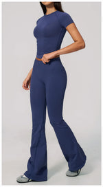 Seamless High Elasticity Yoga Sets Women Short Sleeve O Neck Sports T Shirts Workout Outfits Running Wide Leg Pants Fitness Suit