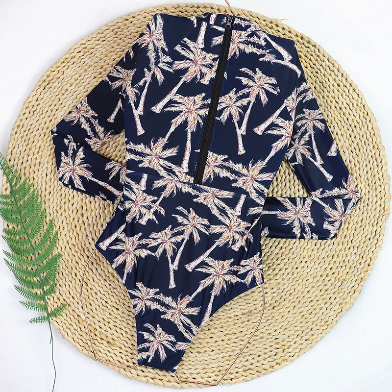 2025 Women's Rashguard Long Sleeves One Piece Swimsuit Patchwork Swimwear Zipper Monokini Surf Bathing Suit Sports Bodysuit S-XL