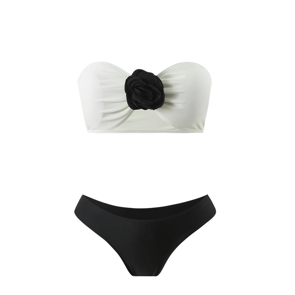 sexy 3d flower bandeau bikinis sets 3pcs with long mesh split skirt black white patchwork swimsuit bathing suit beach outfits