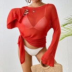Sexy Long Sleeve See Through TopMesh Sheer Tunic Beach Cover Up Cover-ups Beach Dress Beach Wear Beachwear Female Women V3557