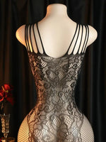 Sheer Floral Jacquard Fishnet Bodysuits - High Stretch, Open Chest, Women Sexy Lingerie Crotchless Bodystockings Babydoll Dress