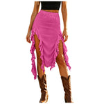 Women Western Boho Midi Skirt High Waist Ruffled Asymmetrical Hem Slit Flowy Summer Skirts Casual Cowgirl Style Streetwear Y2k