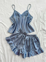 Sexy Solid Women's Pajama Set Breathable Top and Ruffle Shorts Sleepwear Summer Loungewear for Home Relaxation