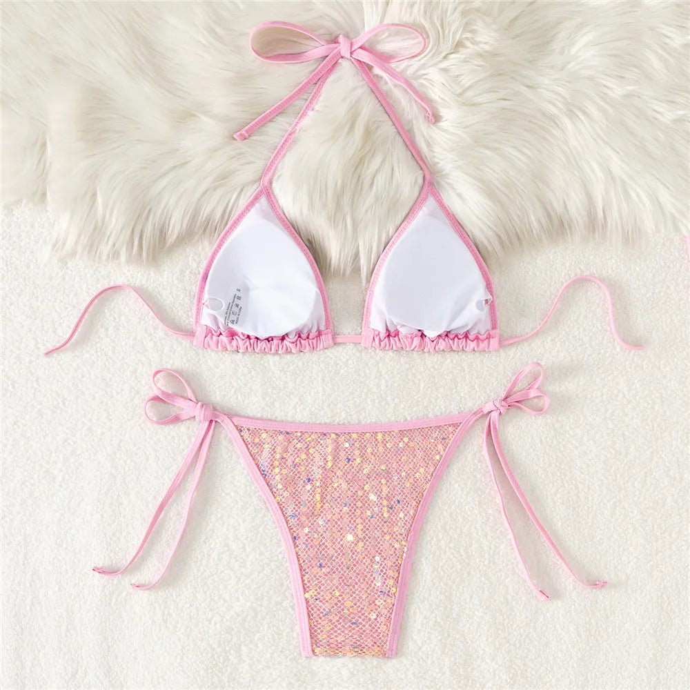 Pink Mesh Sequin Halter String Triangle Bikini Damen Micro Thong Sexy Swimsuit Women 2026 Bathing Suits Swimwear Bikinis Sets