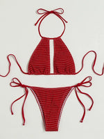 2025 Halter Tie Side Hollow Out Smocked Bikini Women Swimsuit Female Swimwear Two Pieces Bikini Set Swim Bathing Suit Beach Wear