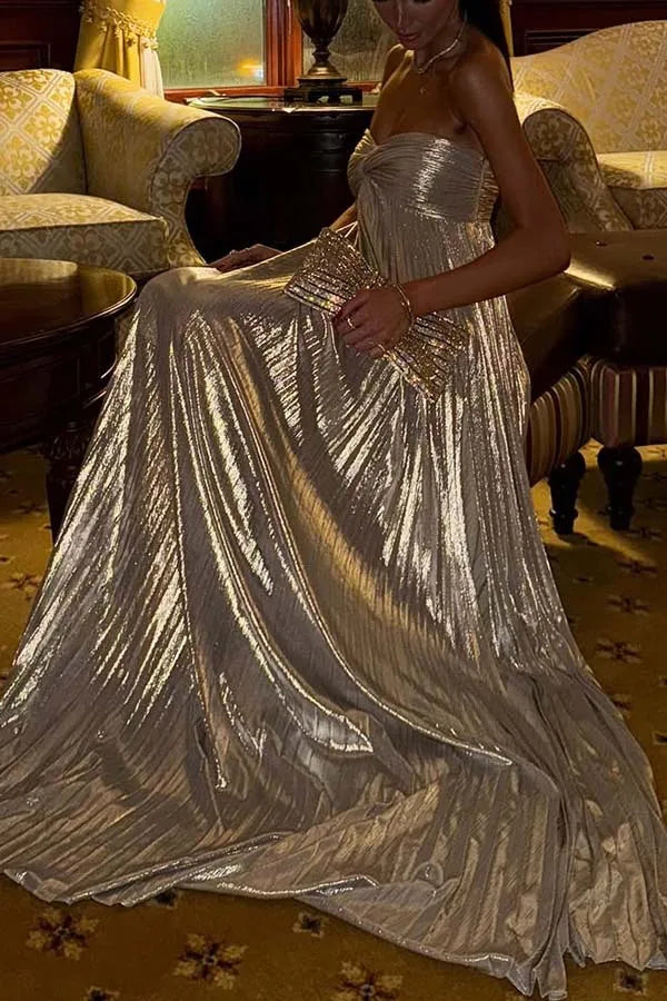 Gold Hot Tube Top Party Dresses Women Solid Color Sexy Hot Girls Fold Banquet Slit Evening Dress Female Streetwear Long Vestidos