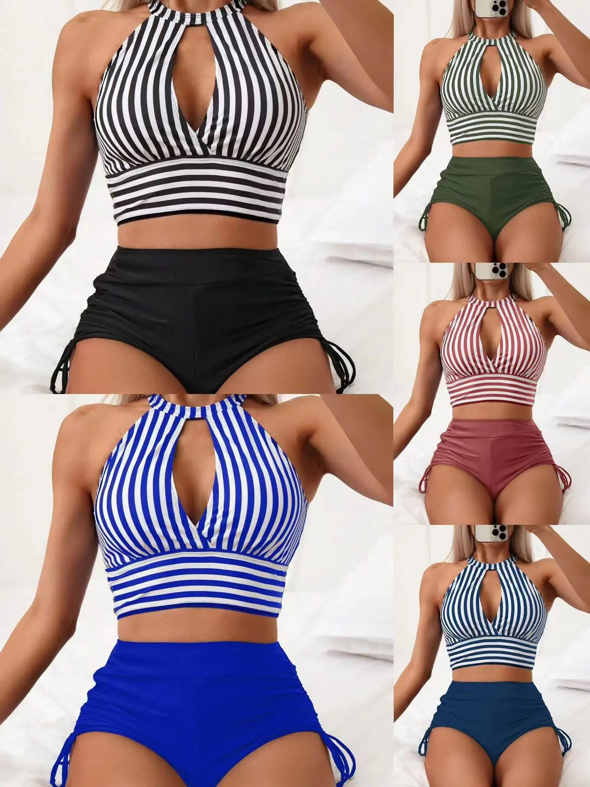 Striped High Waist Bikinis Women 2024 Cut Out High Neck Two Pieces Swimsuit with Shorts Separate Bikini Set Swim Bathing Suits