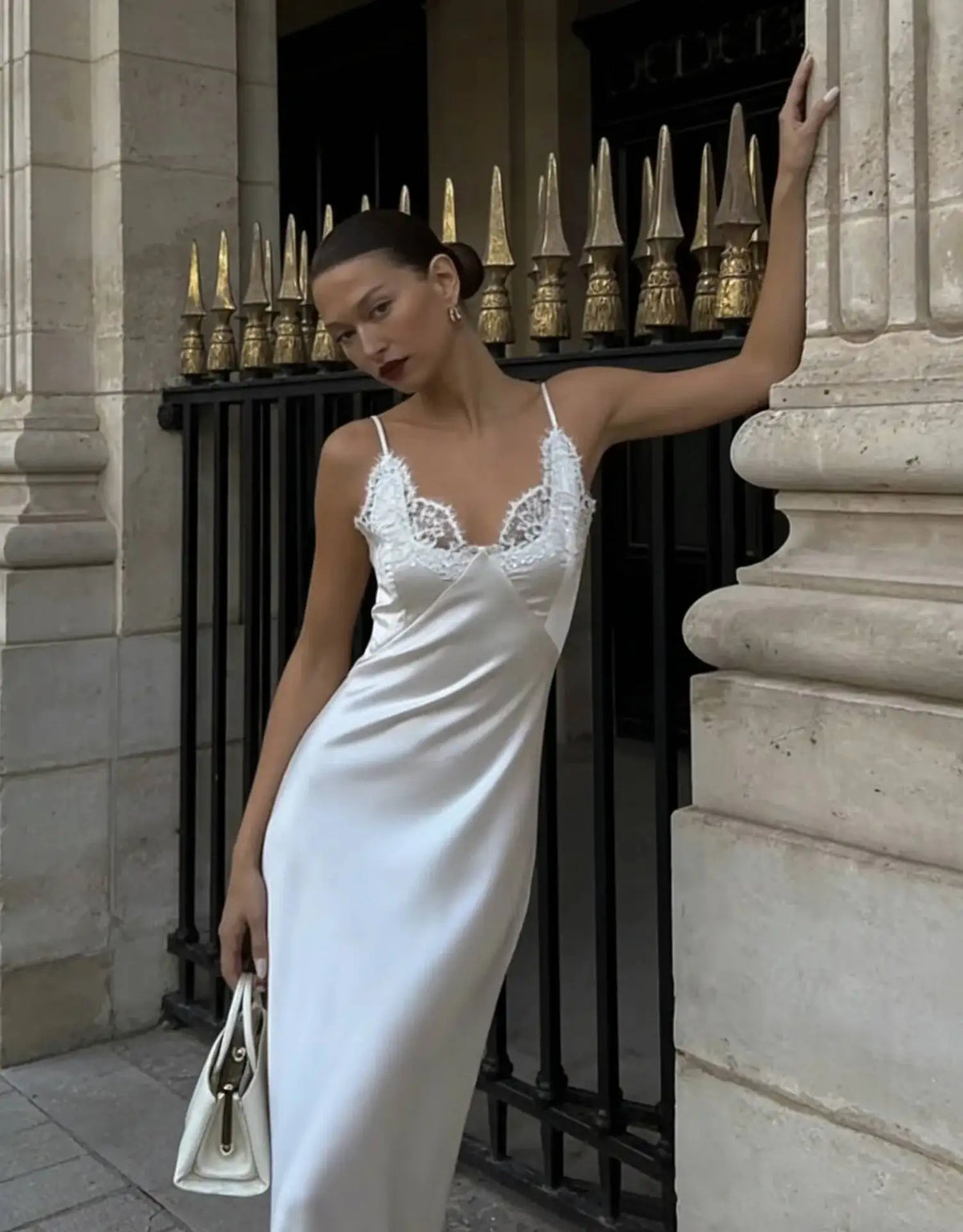 Women's Fashion Casual Style Satin Ice Silk Strap V-Neck Dress Pure Desire Dress Elegant White Satin Lace Trim Dress Party 6TFA