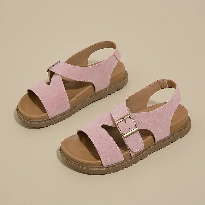 Women Sandals Summer New Solid Color Open Toe Flat Casual Slippers Buckle Fashion Outdoors Beach Sandals Sandalias De Mujer