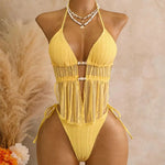 DEKA Sexy Yellow Triangle Bikini Set Women Halter Mesh Stone Swimwear Bandage Cross Crop Top Two Piece Swimsuit Beach Bathing Su