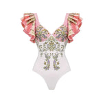 Vintage Pink Floral Print Swimsuit 2024 Ruffle Push Up Skirt Monokini Holiday Bathing Suit Tummy Control Swimwear Surf Wear