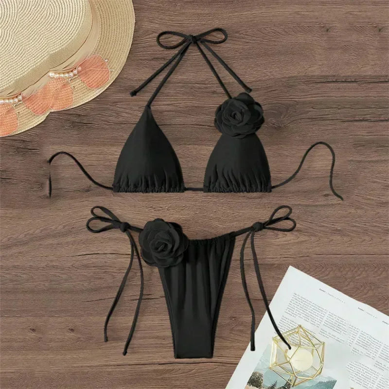 Sexy 3D Flower Black Triangle Bikinis Sets Micro Thong Swimsuit Women String Halter Bathing Suit Bikini 2026 Mujer Biquinis Swim