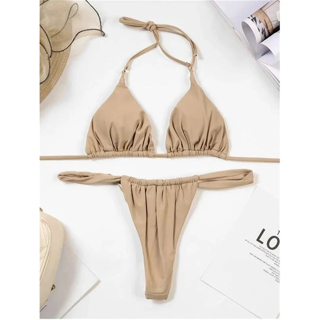 Wrinkled High Cut Mini Micro Thong Bikini Women Swimwear Female Swimsuit Two-pieces Bikini Set Halter Bather Bathing Suit Swim