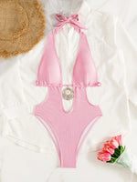 Sexy Pink Swimwear Women 2026 Metal Circle Hollow Out Backless Thong Bikini Beach Bathing Suit Holiday Pleate One Piece Swimsuit