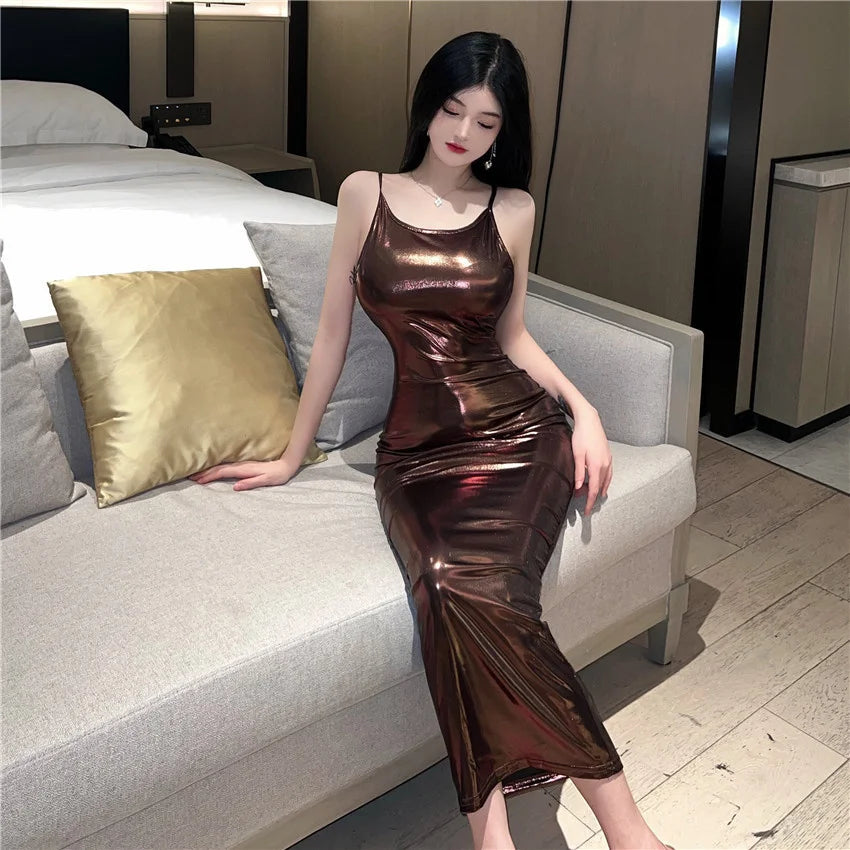 Sexy 2023 Summer Royal Sister Temperament backless Slim Long Lacquer Leather Fashion Solid color Wrap Hip Dress Women's KZCB