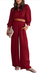 Women's 2-piece casual color Ding set 2024 autumn casual long sleeved top, loose pants can be worn as outerwear home suit set