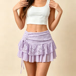 2026 Summer Women Mini Skirt Lace Floral Tiered Ruffle Low Waist Side Drawstring Going Out Cake Skirts