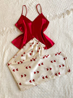 New V Neck 2 piece Women's Pajamas with Contrast Color Solid Top with Heart Printed long Pants Casual Sleepwear Set for Ladies