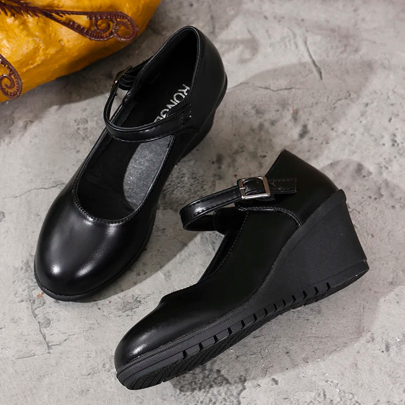2026 New Ankle Buckle Wedges Heel Pumps Women Black Pu Leather High Heels Mary Jane Shoes Woman Plus Size 42 Office Pumps Ladies