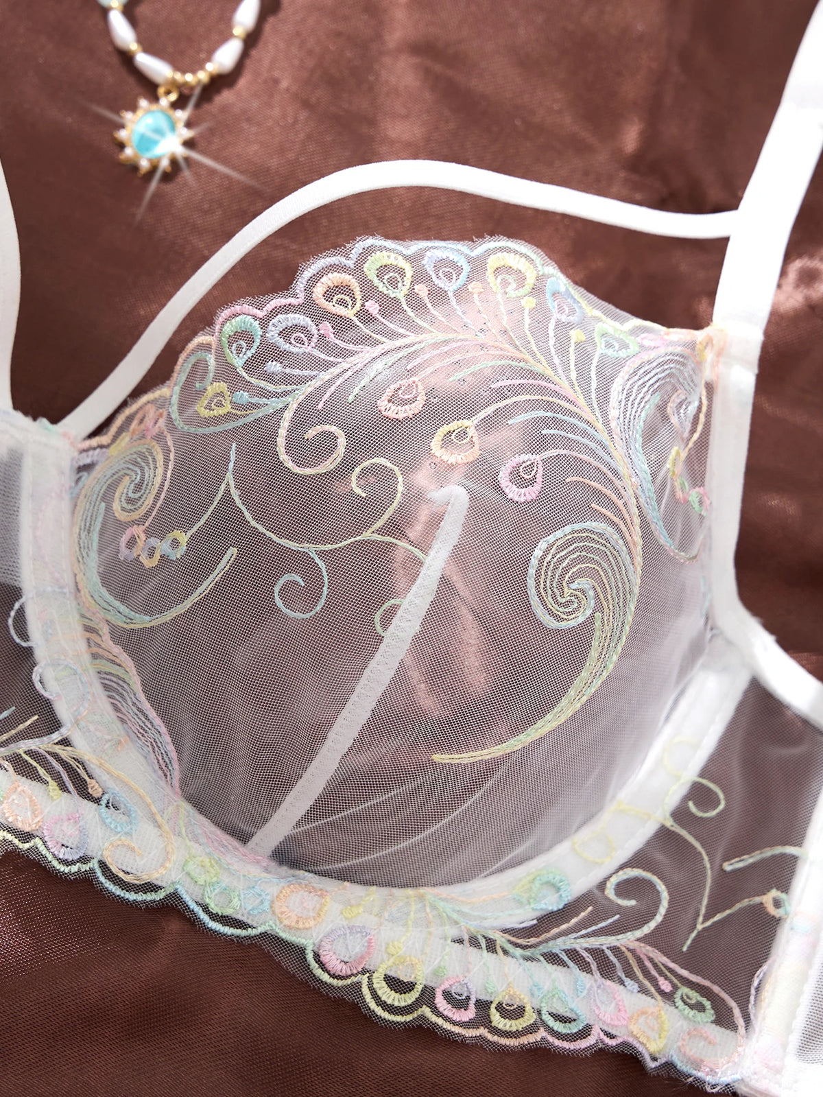 White Iridescent Peacock Feather Embroidered Lace Bra and Panty Set Women Sexy Sheer Mesh Underwear Two Piece