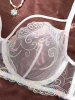 White Iridescent Peacock Feather Embroidered Lace Bra and Panty Set Women Sexy Sheer Mesh Underwear Two Piece