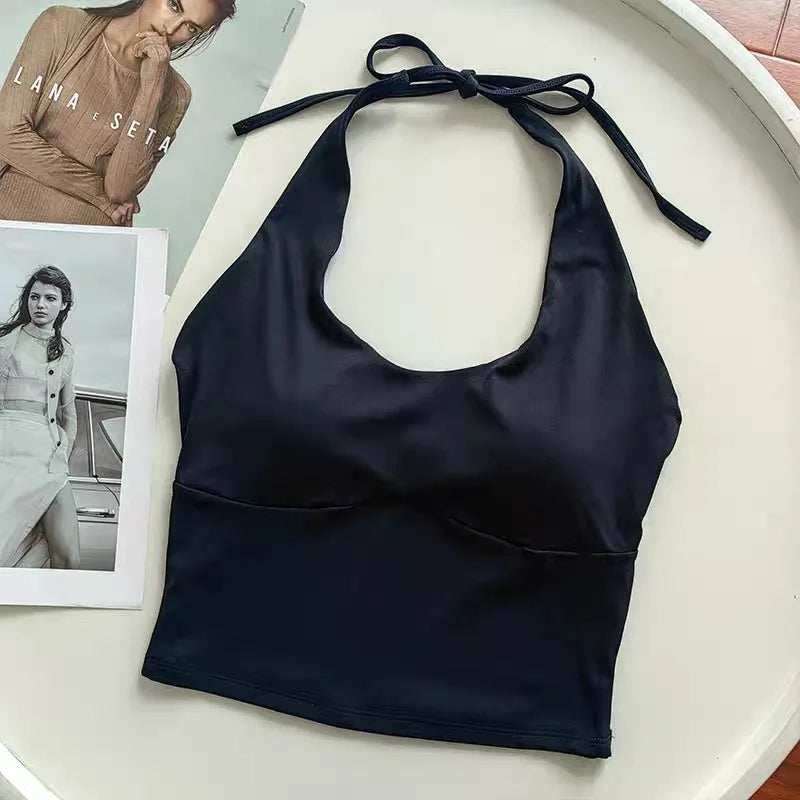 Women's Halter Neck Sports Bra Vest Slimming Tube Top for Yoga Gym Running Beautiful Back Sling Design One Cup Gathered Summer F