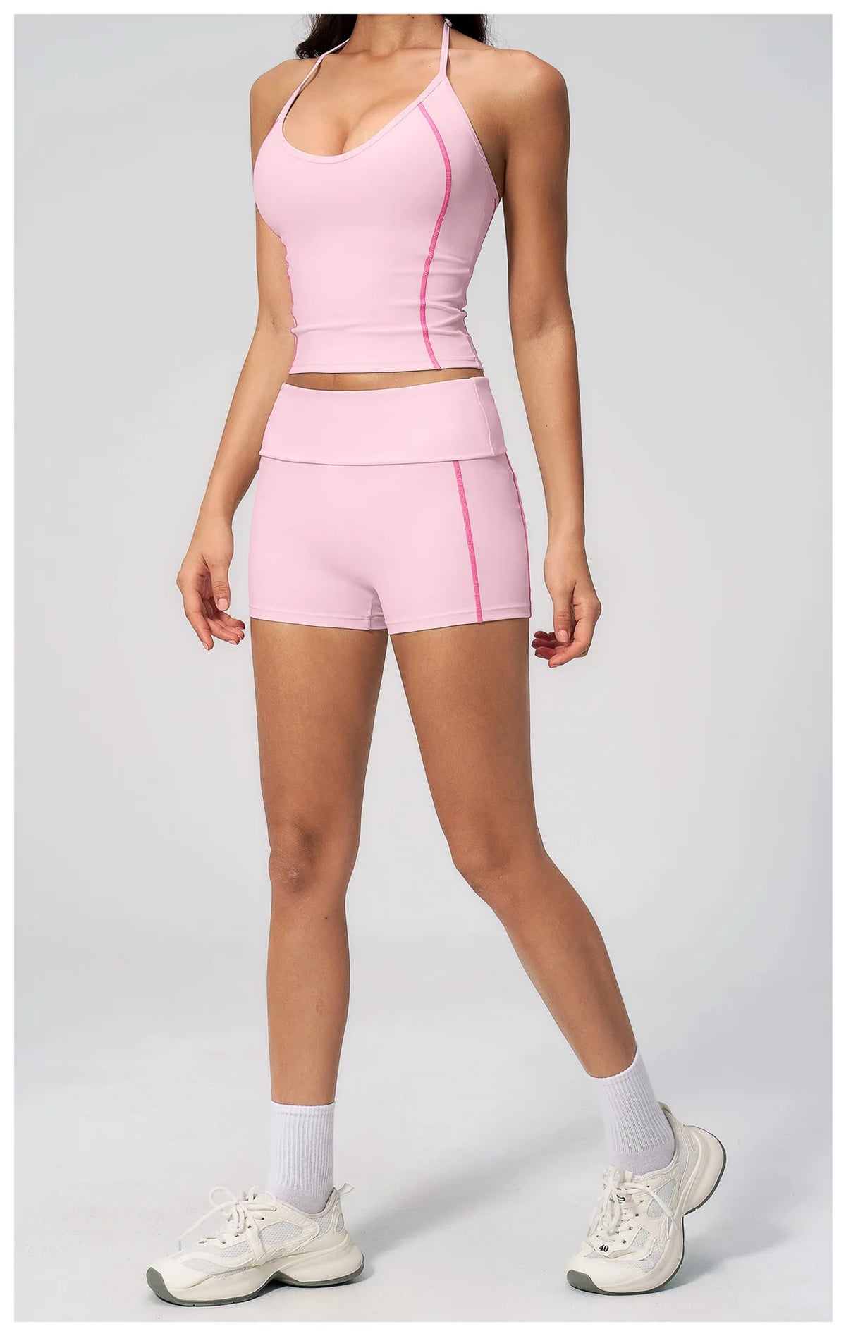 2PCS Women Yoga Sets Color Contrast Hanging Neck V Neck Slimming Sports Tank Top Flip High Waist Shorts Gym Running Fitness Suit