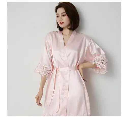 Champagne Bride Bridesmaid Wedding Robe Lace Sleepwear Home Wear Sexy Satin Bathrobe Gown Female Nightdress Intimate Lingerie