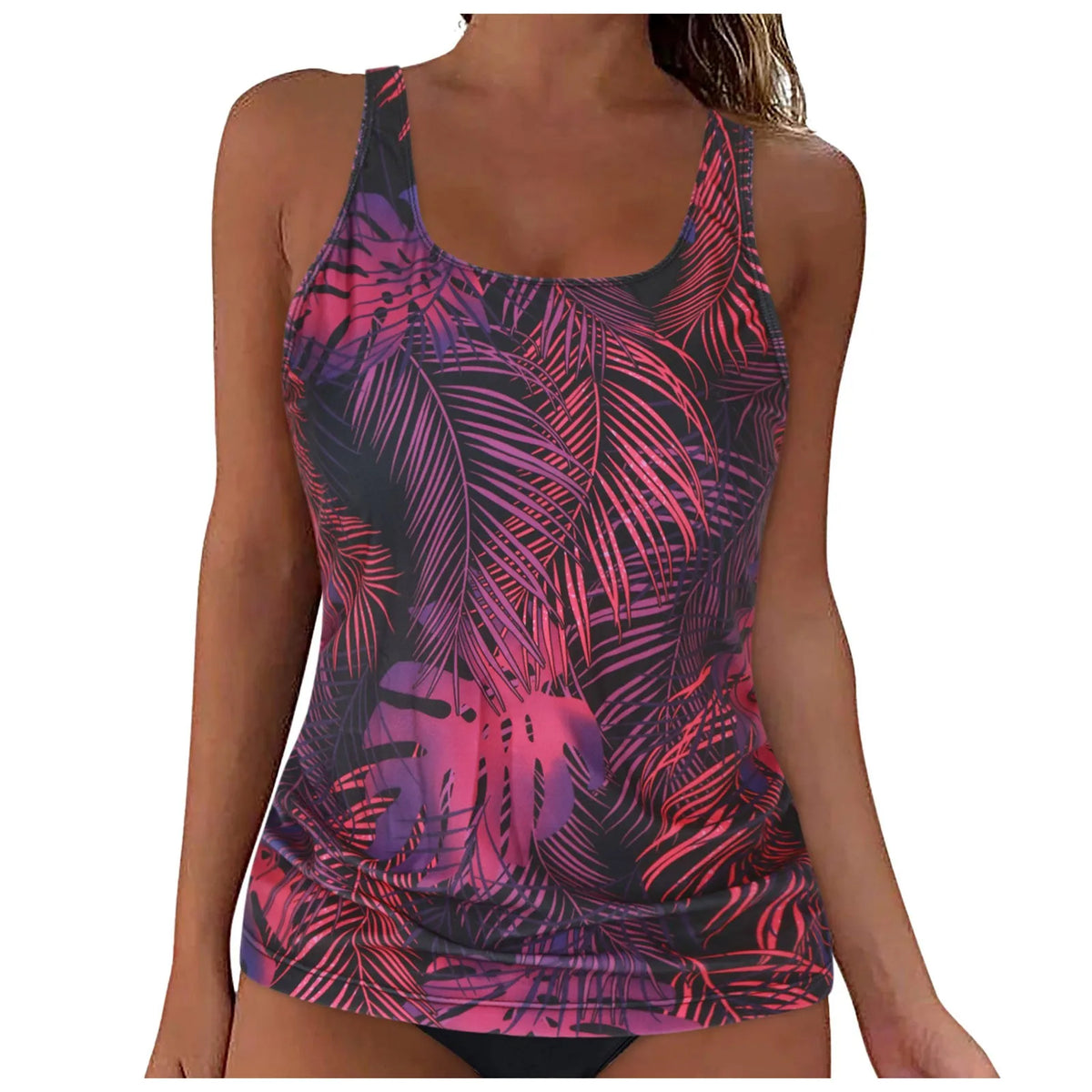 Women Summer Swimwear Loose Fit Scoop Neck Sleeveless Tankini Top Bohemian Tie Dye Print Bathing Suit Padded Swimsuit Top Xxl