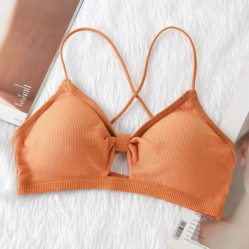 Front Hollow Out Ribbed Bralette Criss Cross Back Thin Straps Removable Chest Pads Wireless Bra Breathable Daily Underwear