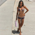 2026 New Women's Euro-American Hot Girl Halter Tie Bikini 3-Piece Set Printed Beach Swimsuit Cover Up Top Bottom