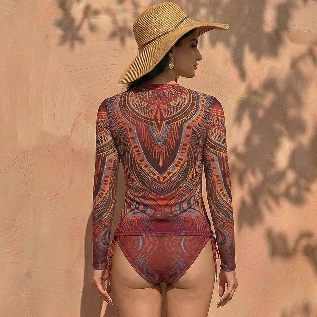 Vintage Long Sleeved Mesh Sunscreen Swimsuit Women Blue Floral Print Drawstring Side High Waist Swimwear 2026 Beach Bathing Suit