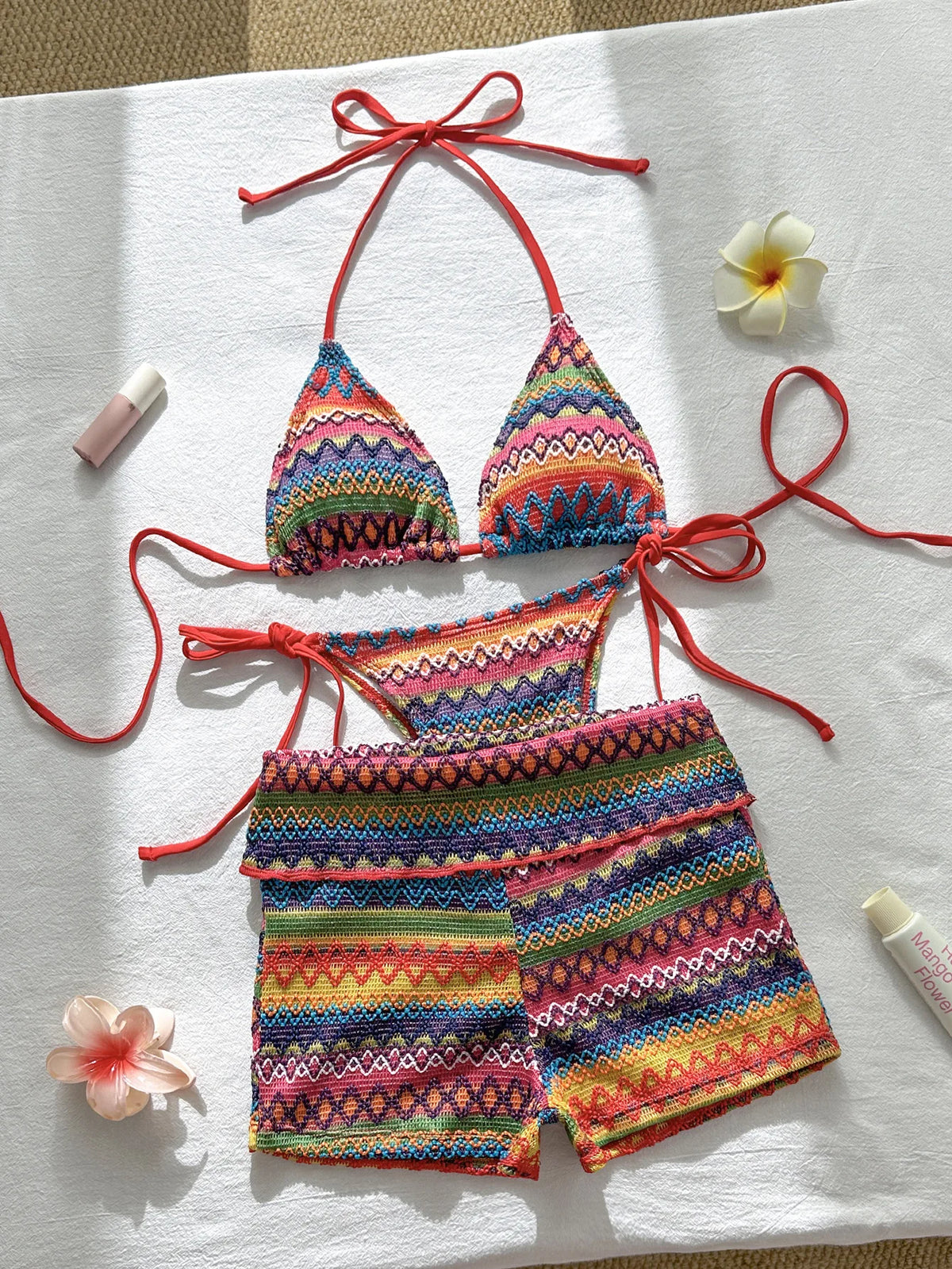Sexy Red Striped Knitted Bikini Set 2026 Women Patchwork Push Up Bra Thong Swimsuit Beach Bathing Suit Cover Up 3 Piece Swimwear