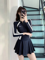 New plus size women's dress one-piece fresh women's swimsuit conservative slim fit long sleeved hot spring swimsuit